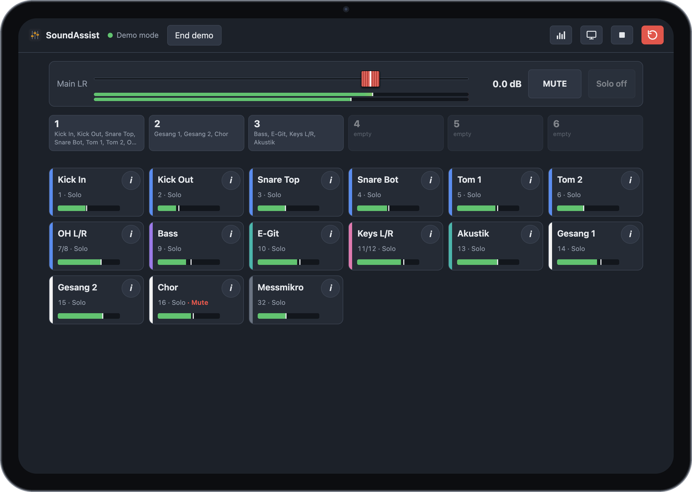 Stage view on an iPad in landscape: Main LR fader with mute, mute groups and large channel tiles with solo and level