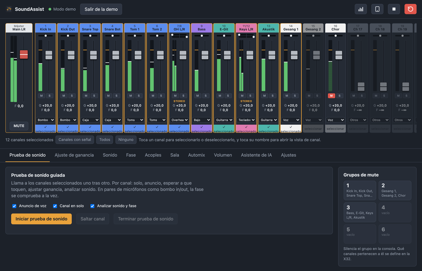 Vista principal de SoundAssist con fader del Main LR, tiras de canal, medidores de nivel, prueba de sonido guiada y grupos de mute