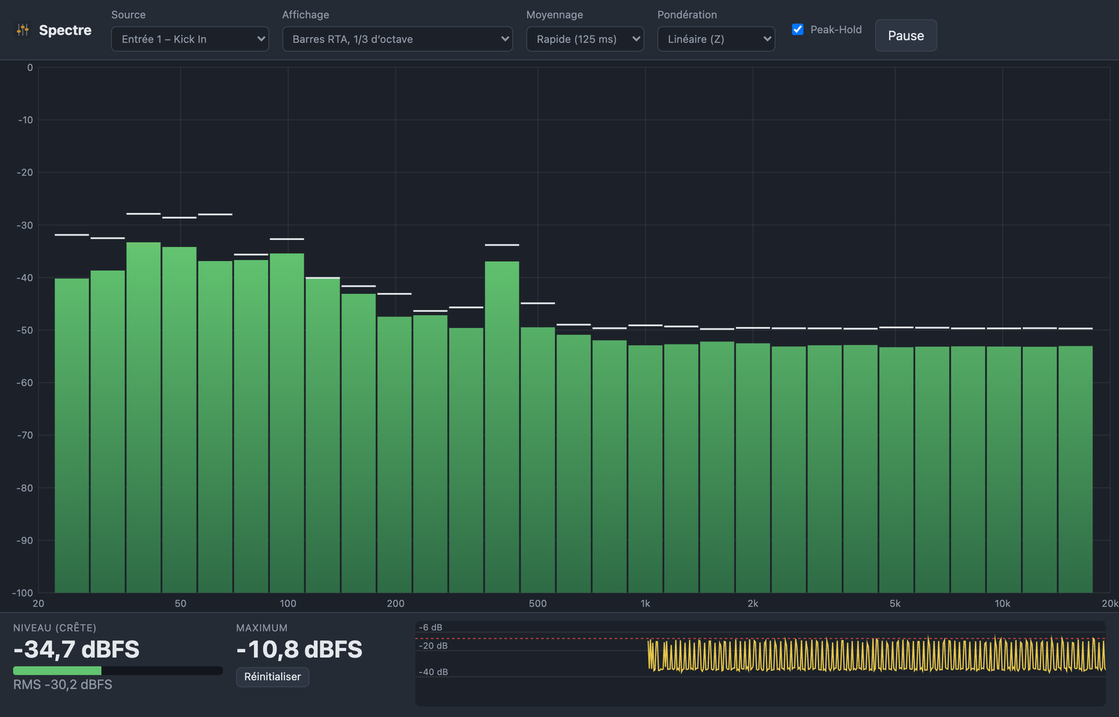 Analyseur de spectre avec barres RTA en tiers d’octave, peak hold, choix de la source, de l’affichage, du moyennage et de la pondération, et affichage du niveau