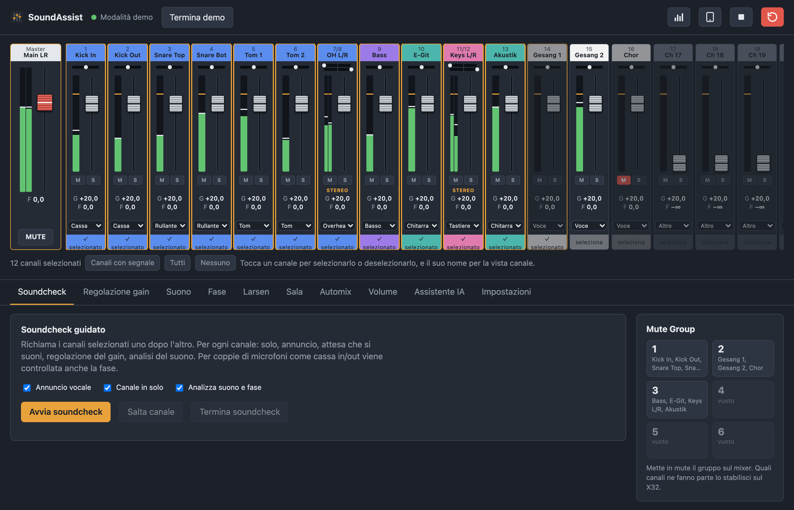 Vista principale di SoundAssist con fader Main LR, strisce di canale, indicatori di livello, soundcheck guidato e Mute Group