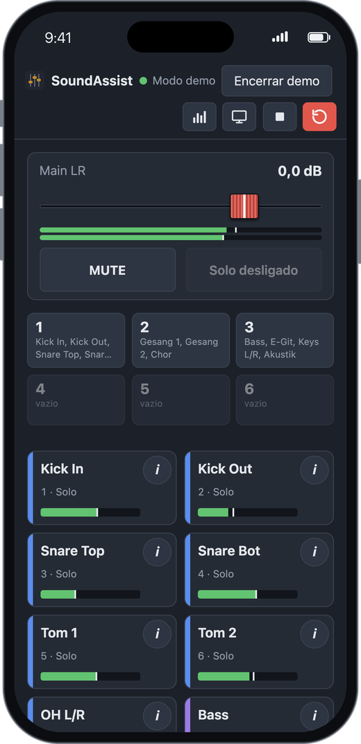 Visão de palco em um iPhone: fader Main LR com mute, botão “Solo desligado”, grupos de mute e blocos de canal